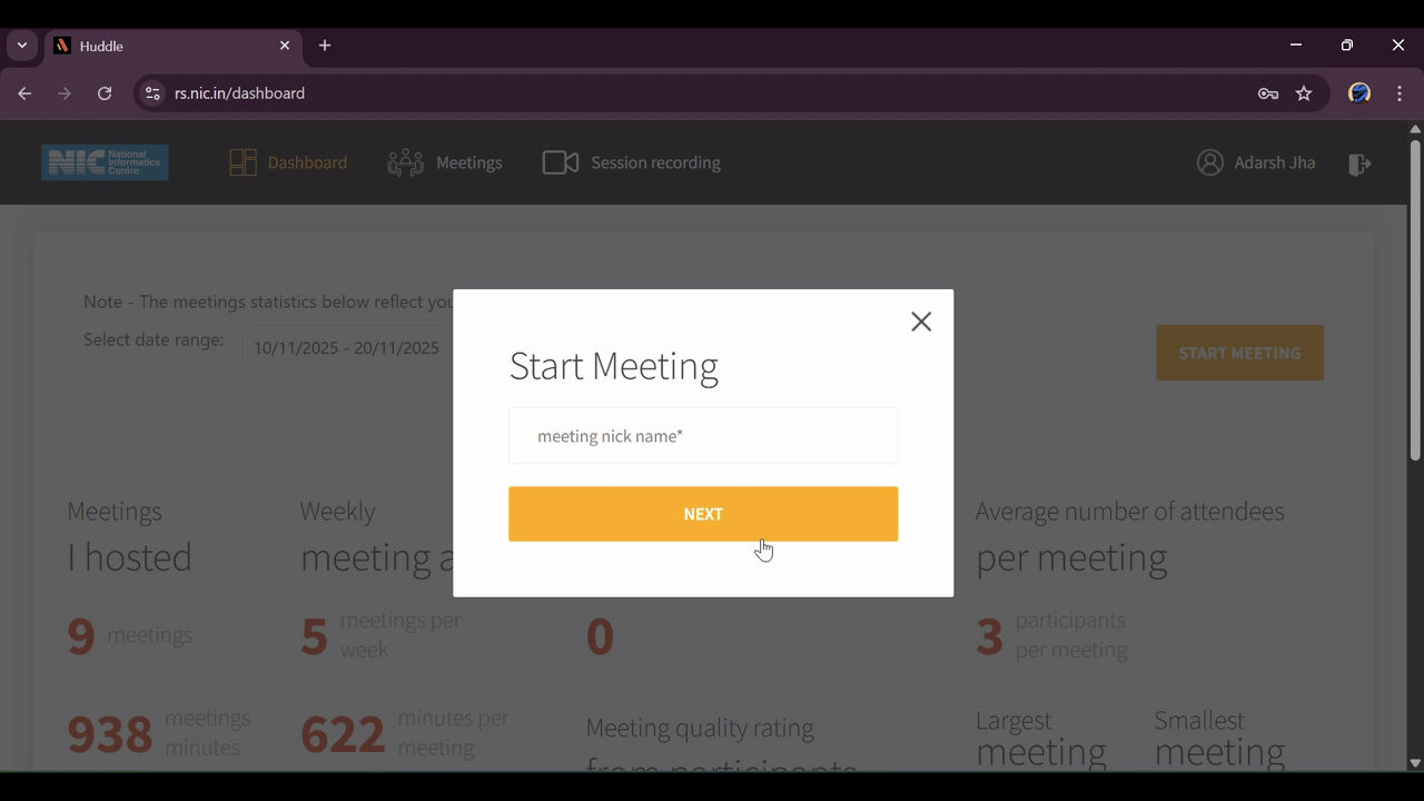 Screenshot of the 'Start Meeting' pop-up requesting the meeting title.